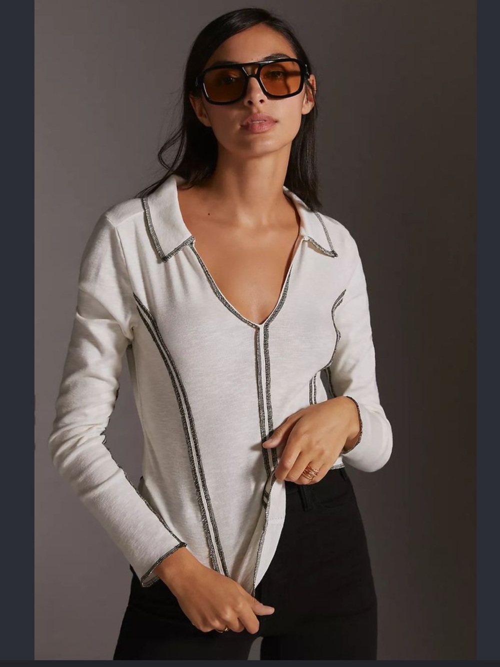 Anthropologie x Pilcro White V-Neck Long-Sleeve Top with Contrast Stitching